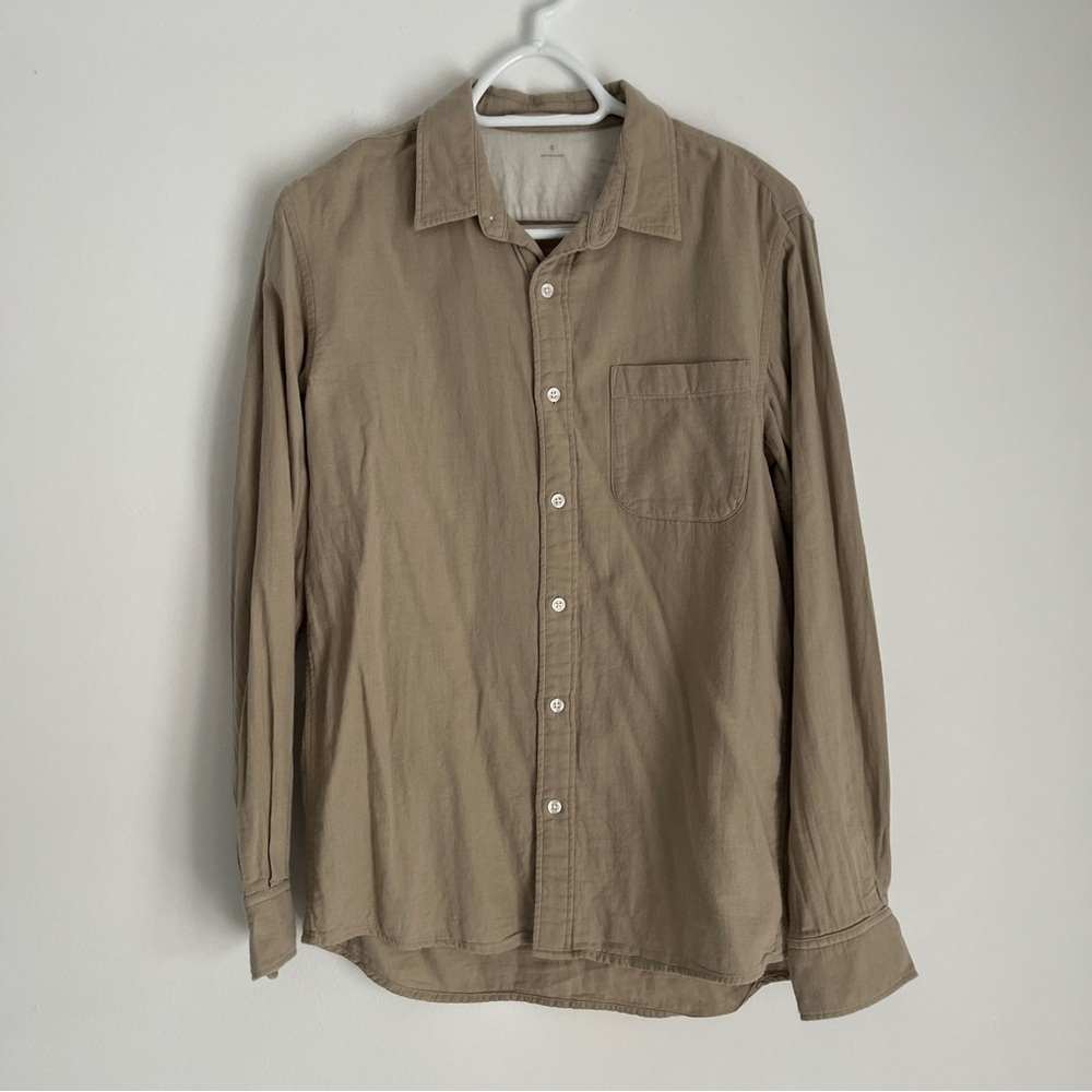 muji- beige collared men’s button up shirt